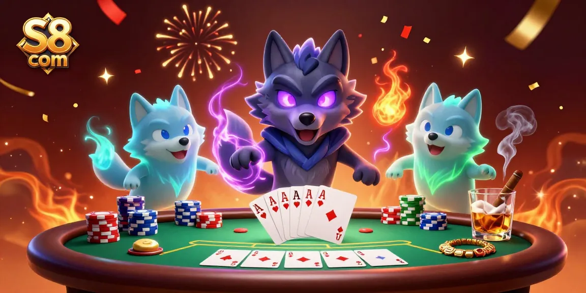 Experience thrilling wins with S8 com at the poker table, featuring stunning 3D wolves and vibrant casino elements.