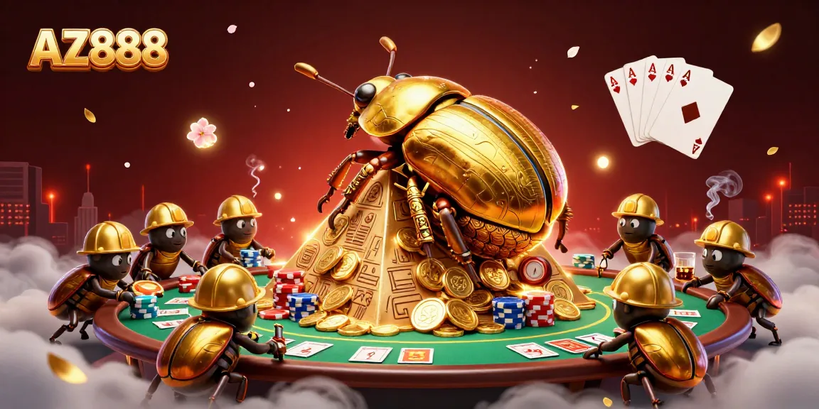 Winning with AZ888 at a vibrant casino scene featuring colorful poker elements and playful beetles.