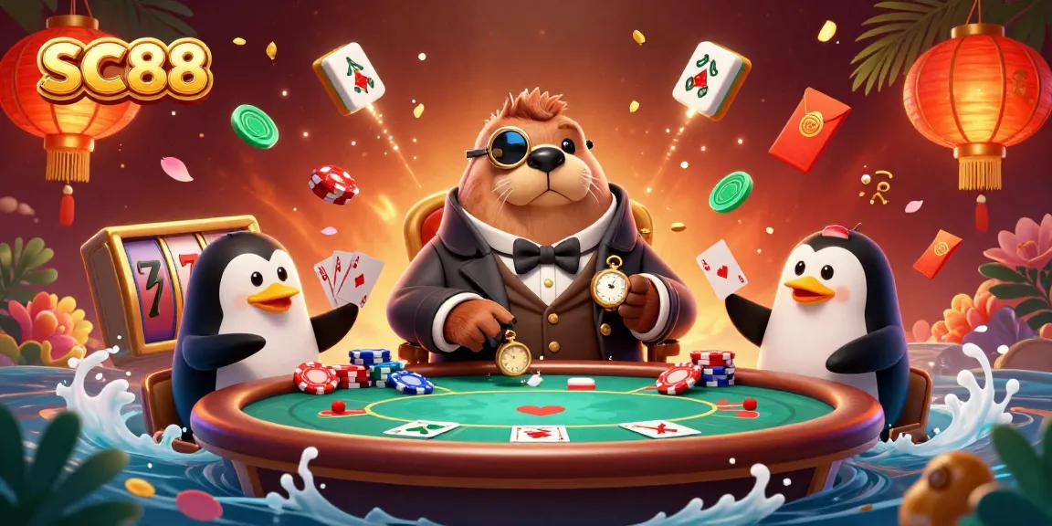 Play poker with SC88's cartoon walrus, penguin dealer, and pufferfish player in an exciting underwater casino.