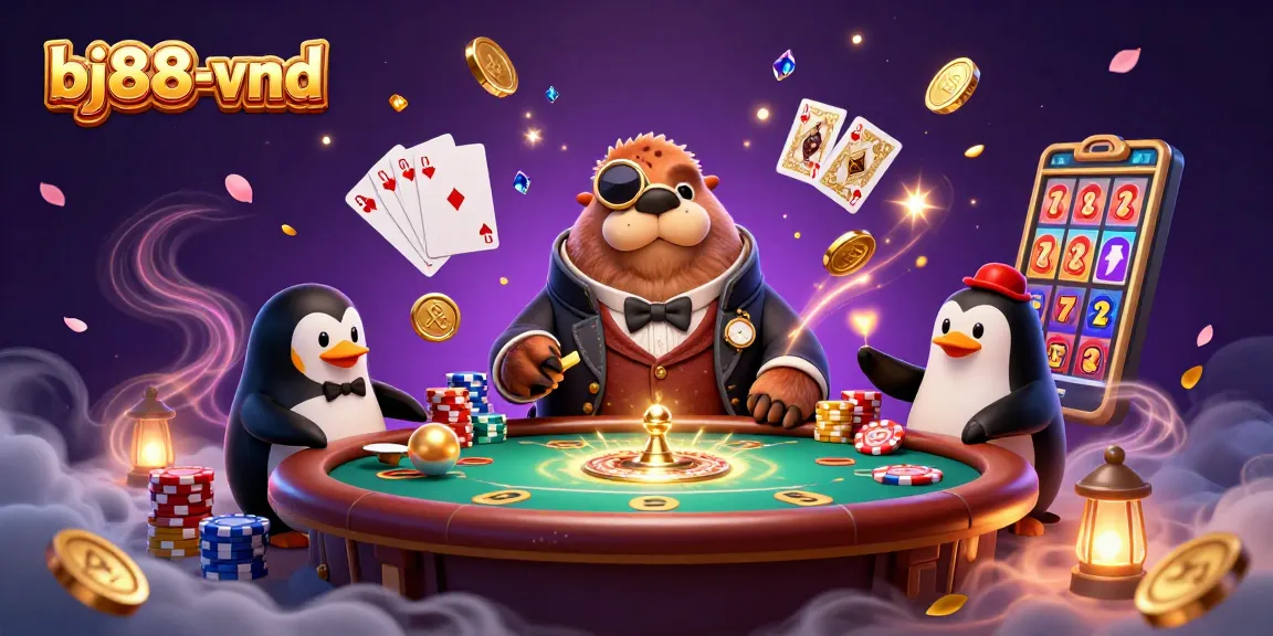 Experience the vibrant casino atmosphere at bj88-vnd with playful characters and dynamic gaming elements.