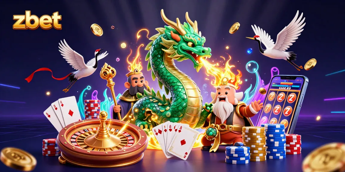 Experience the thrill of zbet with a dragon, lucky cranes, and casino elements bursting with excitement.