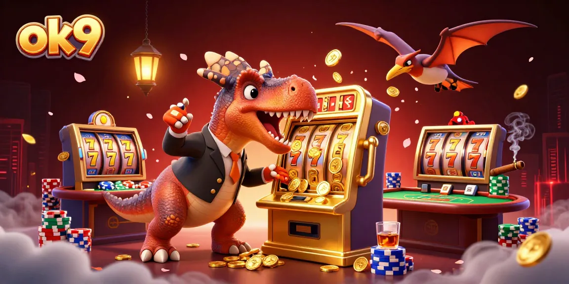 Experience the excitement of ok9 with a pachycephalosaurus hitting a jackpot at a vibrant casino scene.