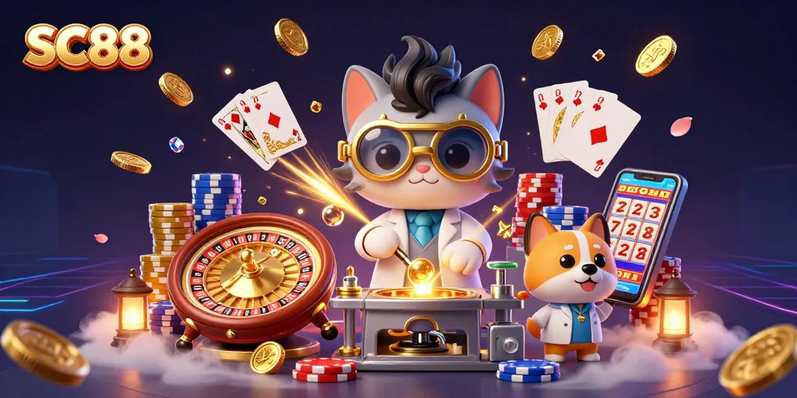 Play exciting casino games with SC88, featuring a mad scientist cat and golden coins for thrills.