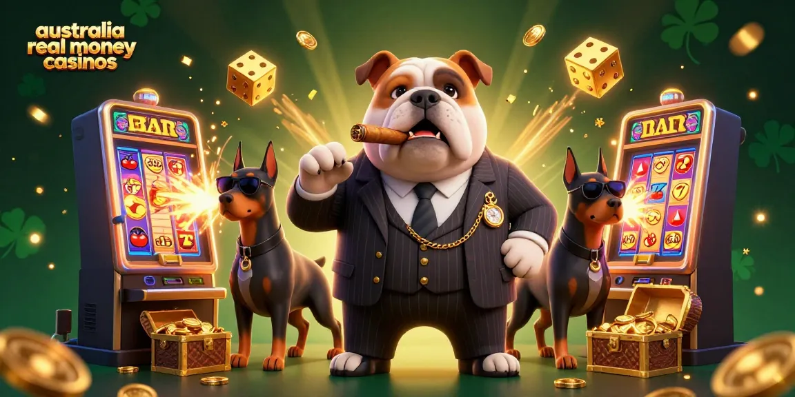 Engaging australia real money casinos scene with a bulldog and Doberman bodyguards surrounded by dynamic gaming elements.