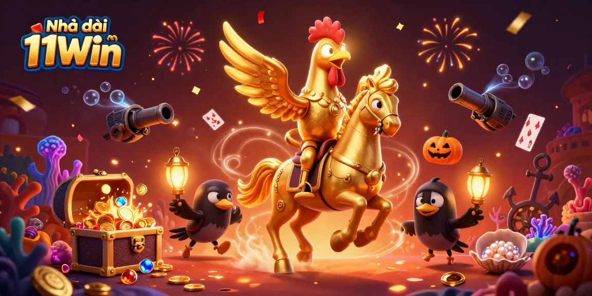 Experience thrilling moments with Nhà cái 11Win in this vibrant casino scene featuring a golden rooster.