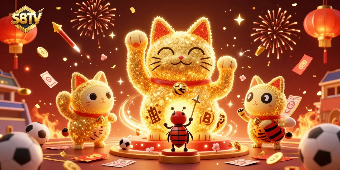 S8TV enhances sports betting experiences with lively illustrations of a lucky cat and vibrant symbols.